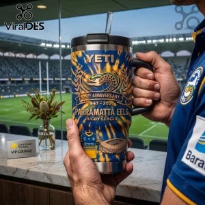 Parramatta Eels 79th Anniversary Tie-Dye 40oz Tumbler with blue and yellow patterns, YETI branding, and team logo imagery.
