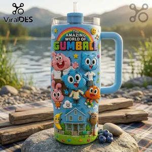 The Amazing World of Gumball Character Stanley Tumbler featuring Gumball, Darwin, and Anais on a light blue cup with straw.