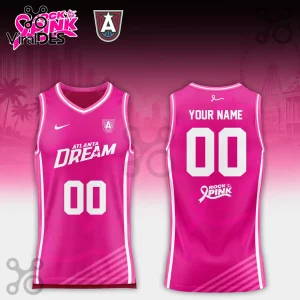 Atlanta Dream Pink Breast Cancer Awareness Basketball Jersey showing front and back views with customizable name and number.