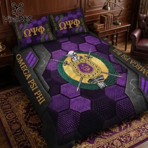 Omega Psi Phi Fraternity Purple Honeycomb 3-Piece Bedding Set featuring the crest, Greek letters, and geometric patterns.