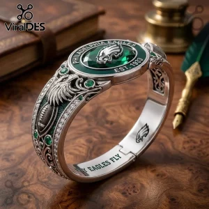 Philadelphia Eagles Silver Tone Engraved Bracelet featuring a green gemstone, team logo, and Fly Eagles Fly engraving.