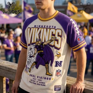 Minnesota Vikings Embroidered Mascot Champion Shirt featuring a Norse warrior graphic, purple sleeves, and team logos.