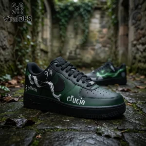 Voldemort Dark Arts Harry Potter Air Force 1 Sneakers in black and green leather with snake graphics and text on stone floor.