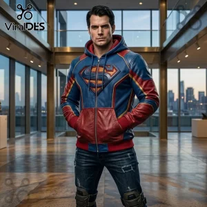 Superman Premium Leather Zip Up Hoodie featuring red and blue panels, a centered chest crest, and a hood in an office.