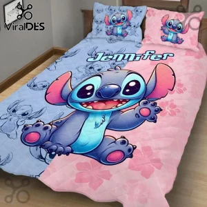 Personalized Stitch Ohana Blue Pink Bedding Set featuring a large cartoon alien graphic, floral accents, and custom name.