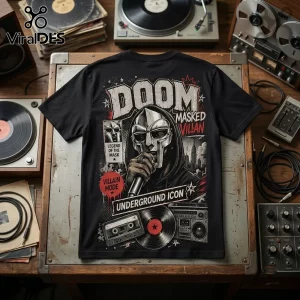 MF DOOM Masked Villain Hip Hop Black T-Shirt featuring metallic mask graphic, microphone, cassette tape, and vinyl record.
