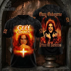 Ozzy Osbourne Prince of Darkness Black Shirt 2026 featuring front and back graphic prints of Ozzy with fire and cross art.