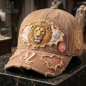 Leo Zodiac Khaki Distressed Baseball Cap featuring an embroidered lion head, text, lace applique, and a side shield emblem.