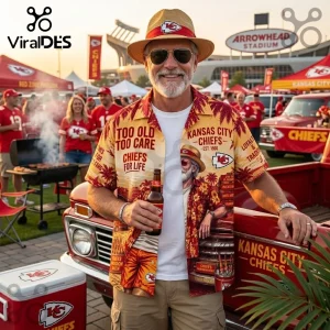 Kansas City Chiefs Too Old To Care Hawaiian shirt worn by a man at a stadium tailgate with palm tree and team graphics.