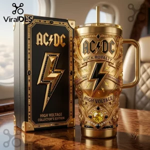 AC/DC Rock Royalty Engraved 40oz Stanley Tumbler in metallic gold with lightning bolt detailing and black accent box.