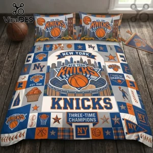 New York Knicks Three-Time Champions bedding set featuring blue and orange team logos, basketball graphics, and city skylines.