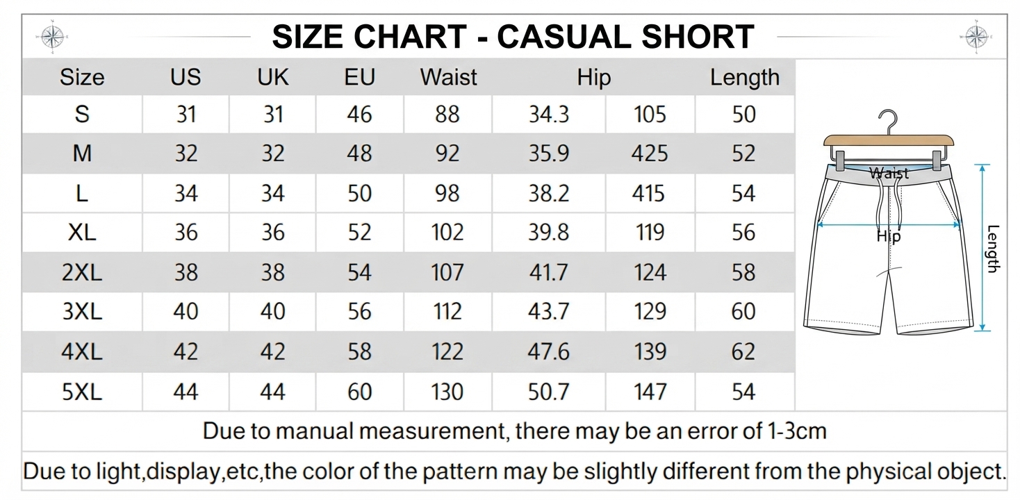 Casual Shorts Size Chart