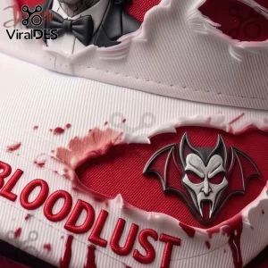 Dracula A Night Of Bloodlust Sculpted 3D Baseball Cap featuring a white hat with torn fabric effects, red blood, and bat icon.