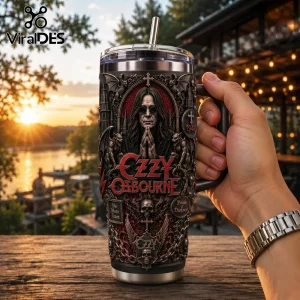 Ozzy Osbourne Prince of Darkness embossed 40oz handle tumbler featuring 3D gothic imagery, bats, skulls, and red accents.