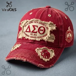 Delta Sigma Theta Sorority Distressed Crimson Baseball Cap with embroidered Greek letters and elephant emblem.