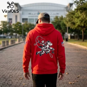 Houston Texans x Jessie Toy Story red pullover hoodie worn by a man, featuring a back graphic of Jessie riding Bullseye.