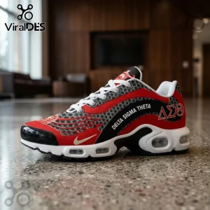 Delta Sigma Theta Sorority Performance Air Max Plus Shoes in red, black, and white with Greek letters and mesh pattern.