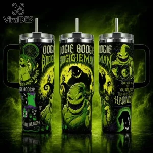 Oogie Boogie Nightmare Before Christmas 40oz tumbler with green glow accents, straw, and iconic character movie graphics.