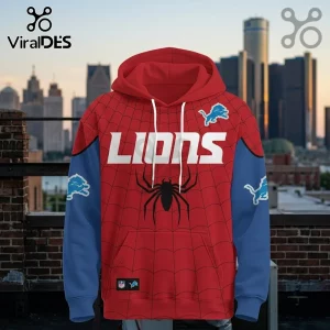 Detroit Lions x Spider-Man Brand New Day Hoodie featuring red spider-web pattern, blue sleeves, and team logos.