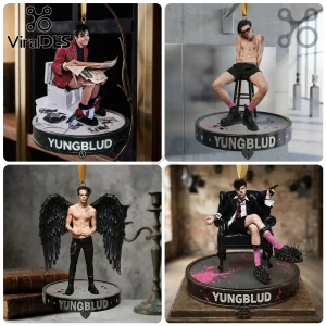 Yungblud Limited Edition 2026 Christmas Ornament featuring various miniature poses of the artist on a circular base.