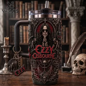 Ozzy Osbourne Prince of Darkness embossed 40oz handle tumbler featuring intricate gothic carvings, bats, and a skull design.