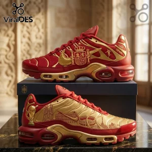 Spain National Team World Cup Air Max Plus shoes featuring red and gold colorway with Spanish crest and city architecture.