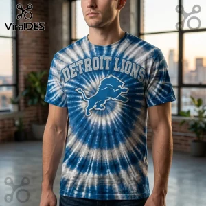 Detroit Lions NFL Mascot Blue Tie Dye Shirt featuring a white lion logo and arched text on a spiraled blue and white base.