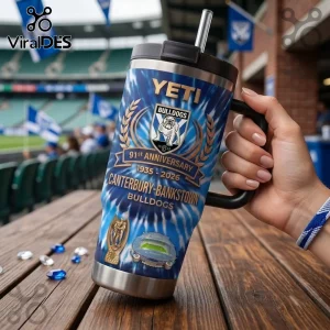 Canterbury-Bankstown Bulldogs 91st Anniversary Stanley Tumbler with blue tie-dye graphics and commemorative team logos.