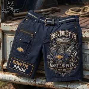 Chevrolet Bowtie Pride Vintage Engine Utility Shorts featuring a navy blue fabric, V8 engine graphic, and cargo pockets.