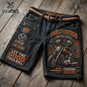 Harley-Davidson Vintage Motorcycle Black Denim Shorts with orange embroidery, flame graphics, and patches on wood floor.