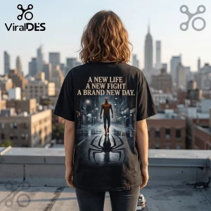 Spider-Man Brand New Day Limited Edition Shirt featuring the hero walking on a city street graphic on a black cotton tee.