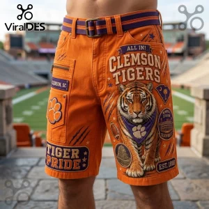Clemson Tigers Orange Casual Shorts featuring a large tiger head graphic, Tiger Pride lettering, and stadium patches.