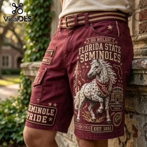 Florida State Seminoles Maroon Cargo Shorts featuring a graphic of a horse, Doak Campbell Stadium, and team typography.