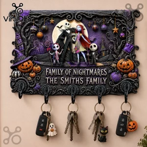 Nightmare Before Christmas 2026 Key Holder featuring Jack, Sally, and characters in a purple spooky forest frame.
