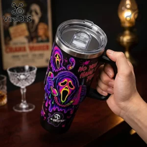 Scream Ghostface Neon Horror 40oz Tumbler with purple and green glowing mask design on a black vacuum-insulated cup.