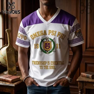 Omega Psi Phi 1911 Mascot V-Neck T-Shirt featuring purple and white mesh fabric, fraternity crest, and Greek lettering.