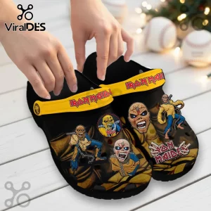 Iron Maiden Eddie Mascot Crocs Clogs Shoes featuring black foam, yellow straps, and detailed metal band character graphics.