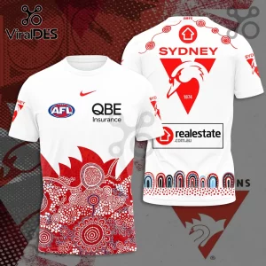 Sydney Swans white Indigenous pattern hoodie featuring red team graphics, AFL branding, and QBE insurance logos.