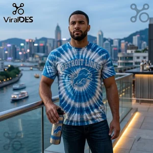Detroit Lions NFL Mascot Blue Tie Dye Shirt featuring a white lion logo graphic and white text on a blue fabric background.