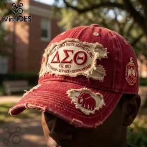 Delta Sigma Theta Sorority Distressed Crimson Baseball Cap with embroidered Greek letters, elephant logo, and worn texture.