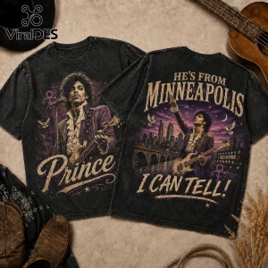 Prince Minneapolis Legacy Vintage Acid Wash T-Shirt featuring front and back graphics of Prince performing with a guitar.
