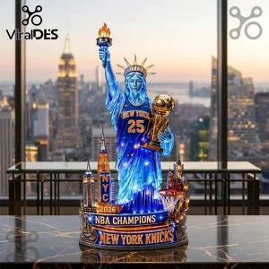 New York Knicks 2026 NBA Champions Acrylic Light Box featuring the Statue of Liberty holding a gold Larry O'Brien trophy.