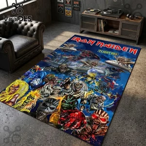 Iron Maiden Flight 666 Eddie Montage Rectangular Rug featuring a blue background, Ed Force One airplane, and multiple Eddies.