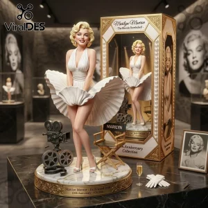 Marilyn Monroe Blonde Bombshell Hollywood Collectible Figure wearing a white dress next to a vintage film camera and box.
