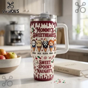 Personalized Horror Movie Character 40oz Stanley Tumbler featuring ice cream cone villains, names, and holiday drip decor.