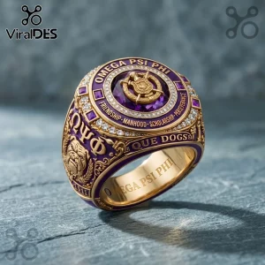 Omega Psi Phi Que Dogs gold ring with purple enamel, central crest, sparkling stones, and fraternity engravings.