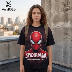 The Amazing Spider-Man Brand New Day black t-shirt worn by a woman with a backpack against a blurred city skyline.