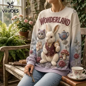Alice in Wonderland Embossed Rabbit Ugly Sweater featuring a 3D white rabbit, Cheshire cat, and teapot on a gradient fabric.