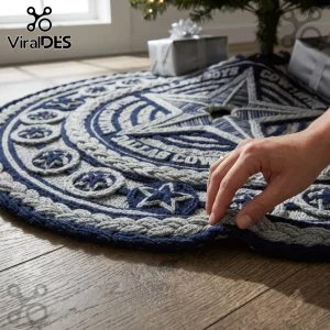 Dallas Cowboys Knitted Christmas Tree Skirt 2026 featuring blue and grey yarn texture with star motifs under a tree.