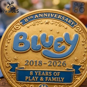 Bluey 8th Anniversary Gold Commemorative Coin with raised blue text, star motifs, and the years 2018-2026 on a gold finish.